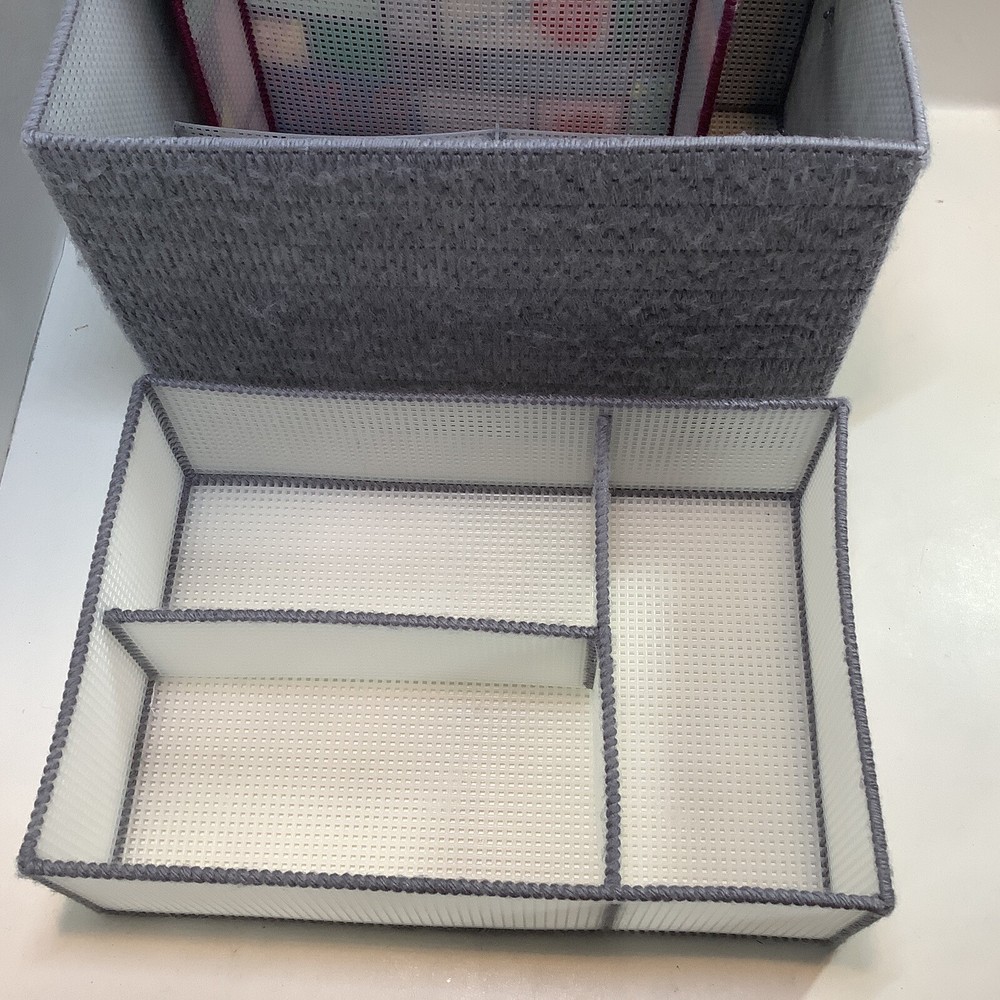 Vintage Compleated Handmade Large Plastic Canvas Sewing Basket Patchwork Motief