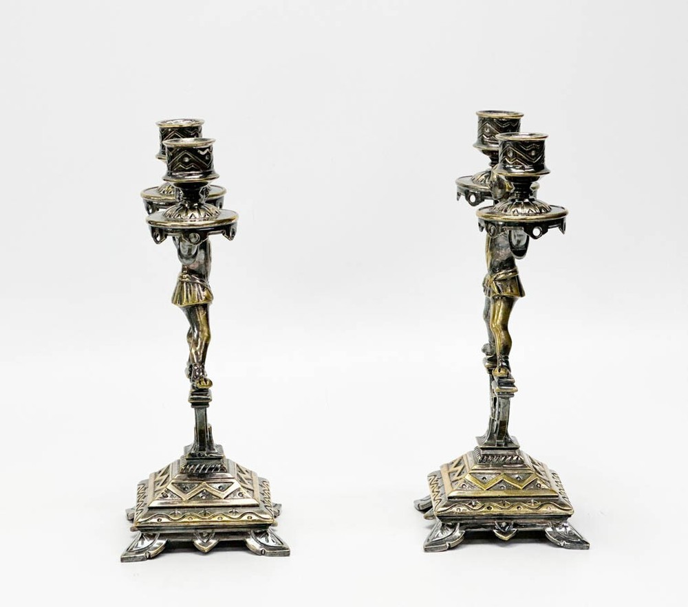 Pair Figural Squires Silver Plate Candlestick Holders circa 1900