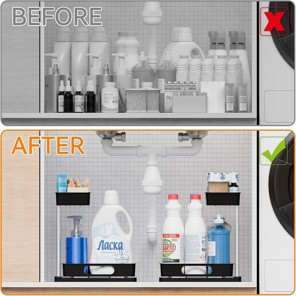 2 Pack 10.8″ High Pull Out Under Sink Organizer,14.5″ Deep 2 Tier Slide Out