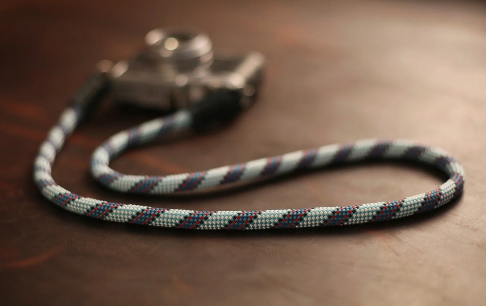 Windmup Blue Pattern Rope Camera Strap – Handmade Climbing Rope & Black Leather