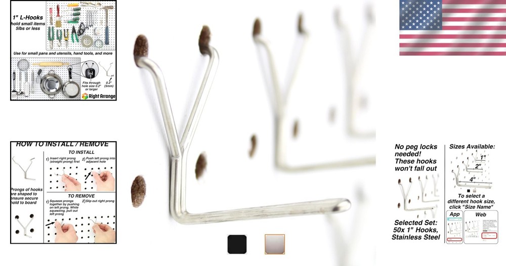Stainless Steel Pegboard Hooks 50-Pack - Secure & Versatile Tool Storage