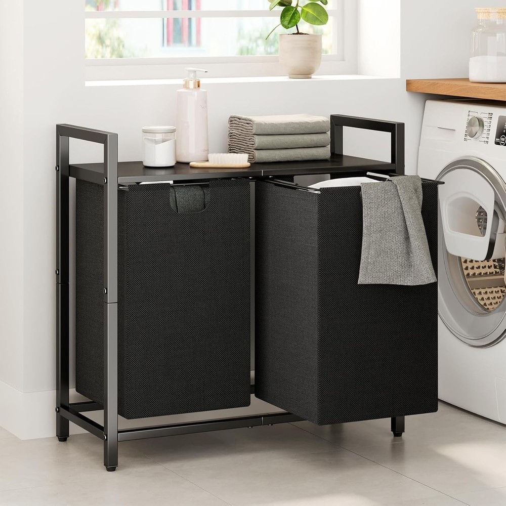 Laundry Basket Organizer Laundry Hamper W/ Shelf & 2 Pull-Out Removable Bags