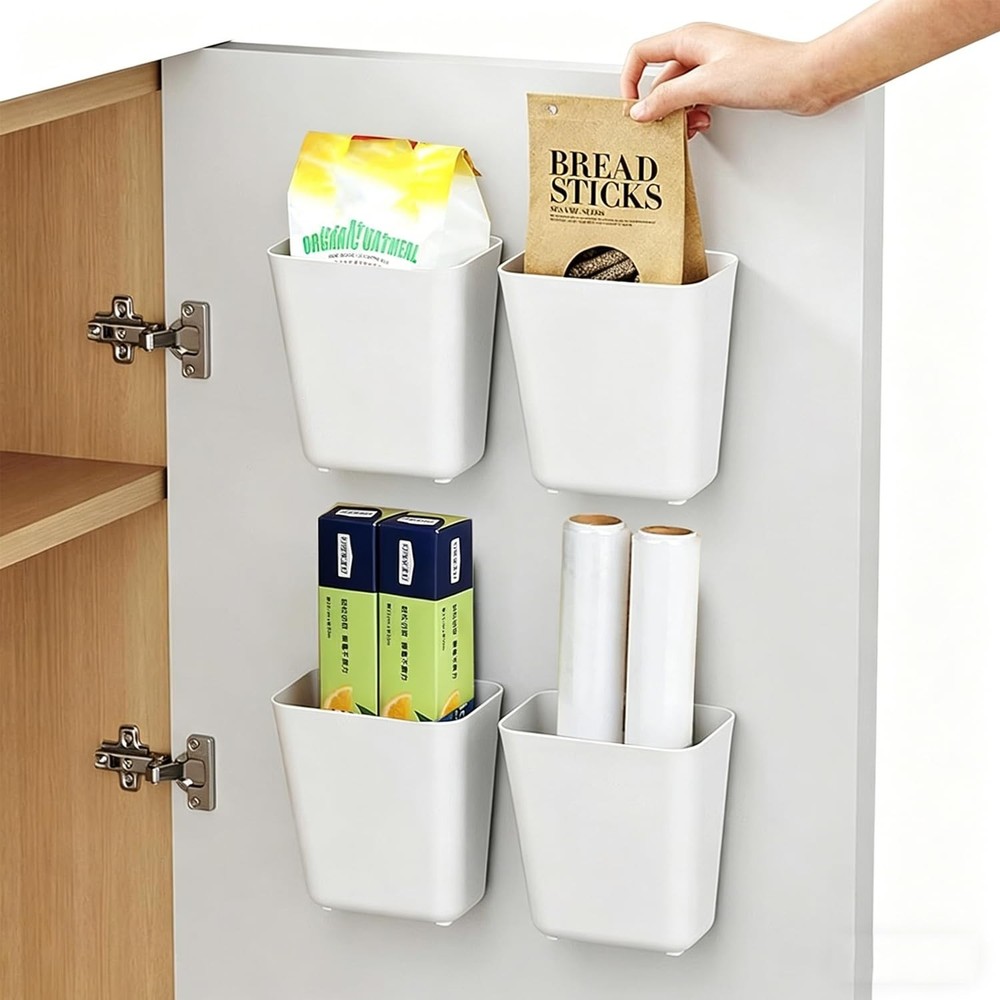 4 Pack Cabinet Door Organizer, Self Adhesive Wall Mount Storage Bins, No Dril...