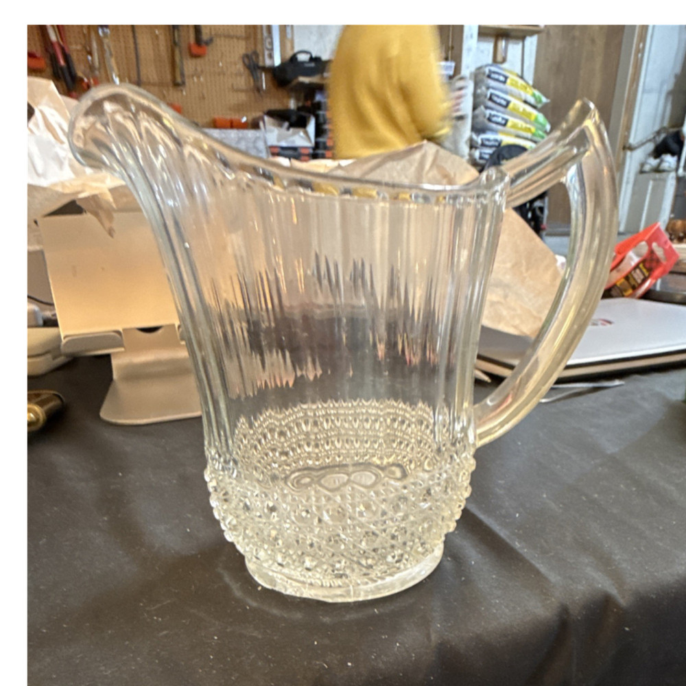 Clear Pressed Glass Pitcher Ornate Pattern Glossy Decorative Serveware