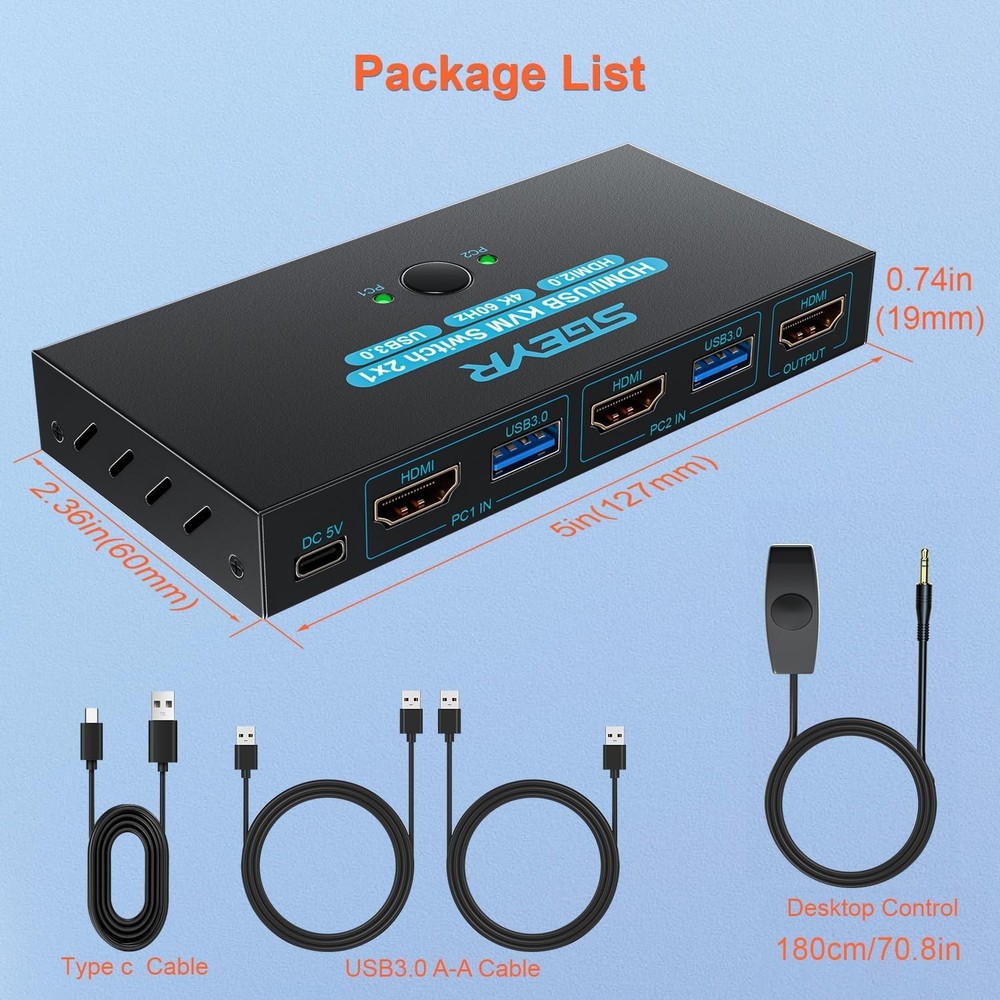 Compact USB 3.0 HDMI KVM Switch for 2 Computers with Push Button Control