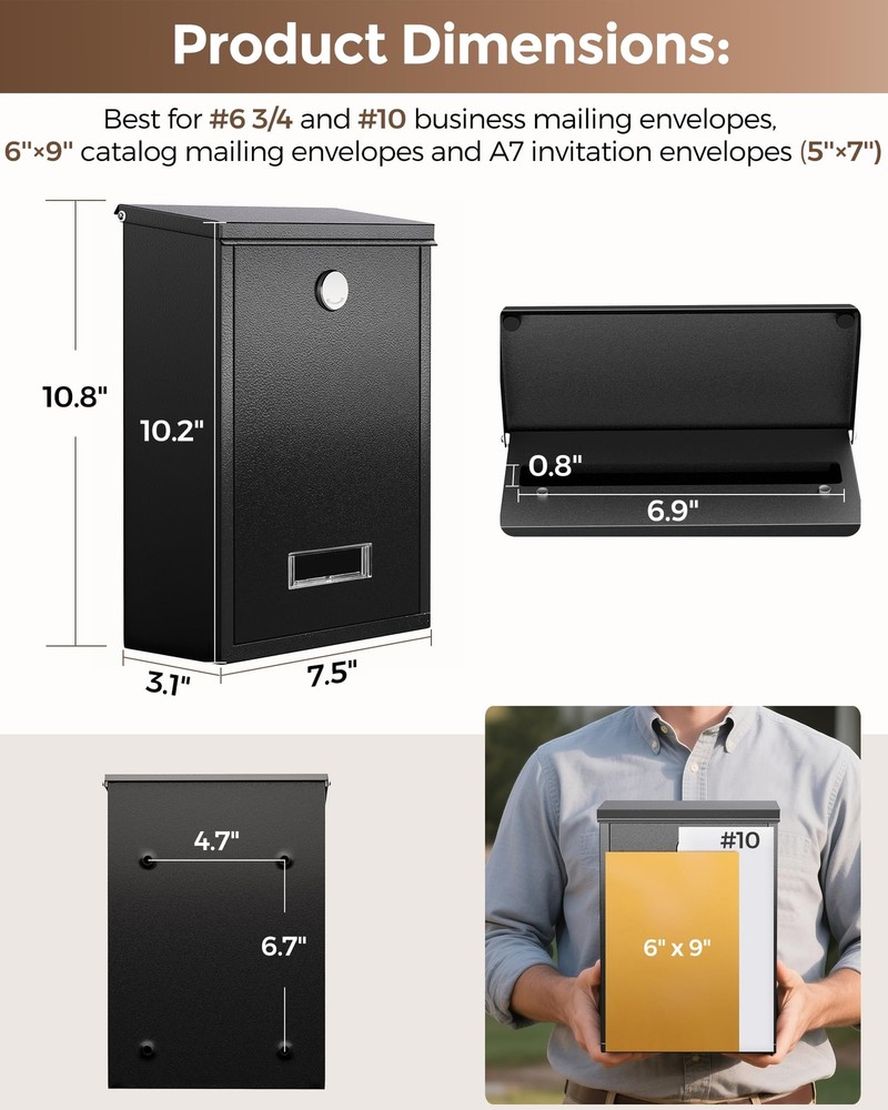 Locking Wall-Mount Mailbox for Outside with 4 Keys Galvanized Steel Rustproof...