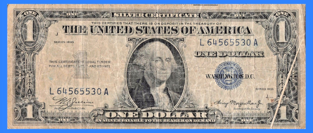 1935 $1 One Dollar Silver Certificate Double Date Gutter Fold Error, Circulated