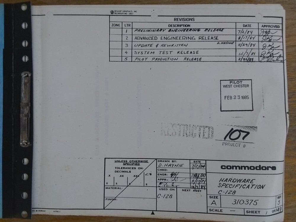 Commodore C128 Hardware Specification: Pilot Production, Restricted Confidential