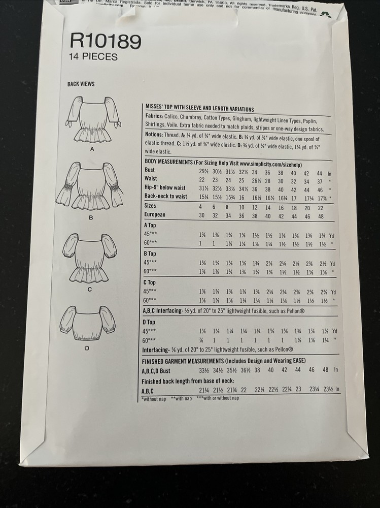 Simplicity Pattern 10189 Sizes 14-22 Peasant Blouse Uncut