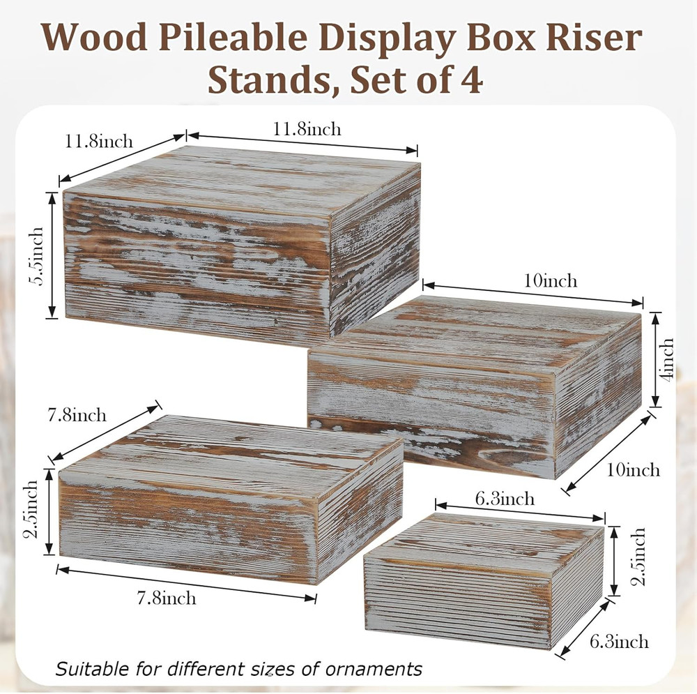 Set of 4 Wood Display Risers Rustic Cupcake Stand Wooden Stackable Display Box W
