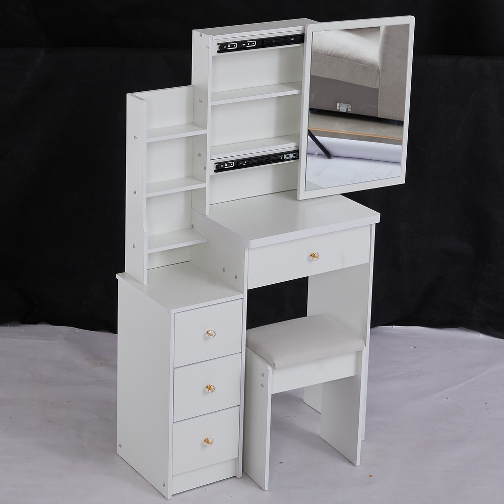 29.2" Small Space Left Bedside Cabinet Vanity Table + Cushioned Stool, Extra Lar