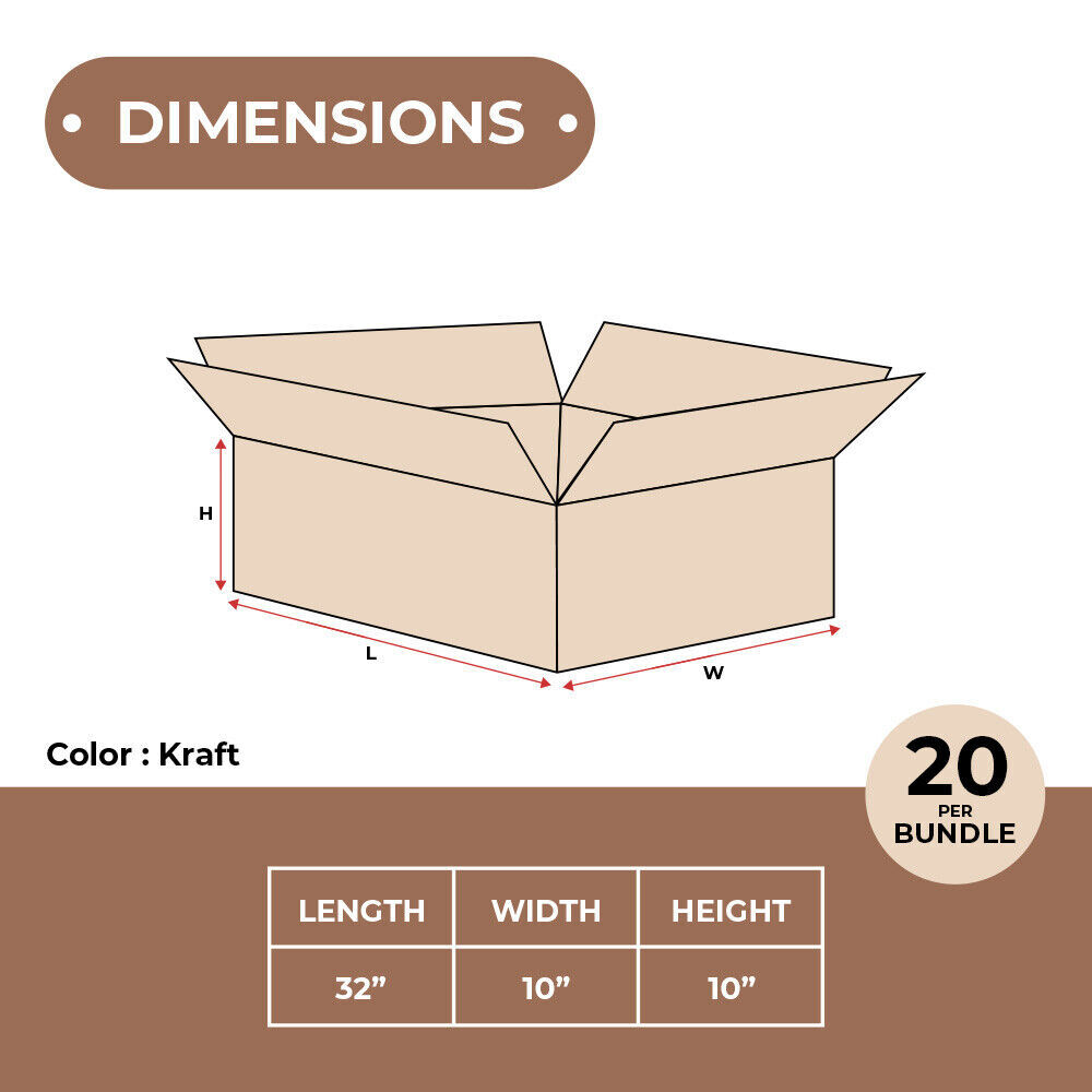 32 x 10 x 10" Long Corrugated Boxes, ECT-32 Brown Shipping Boxes 20/Bundle