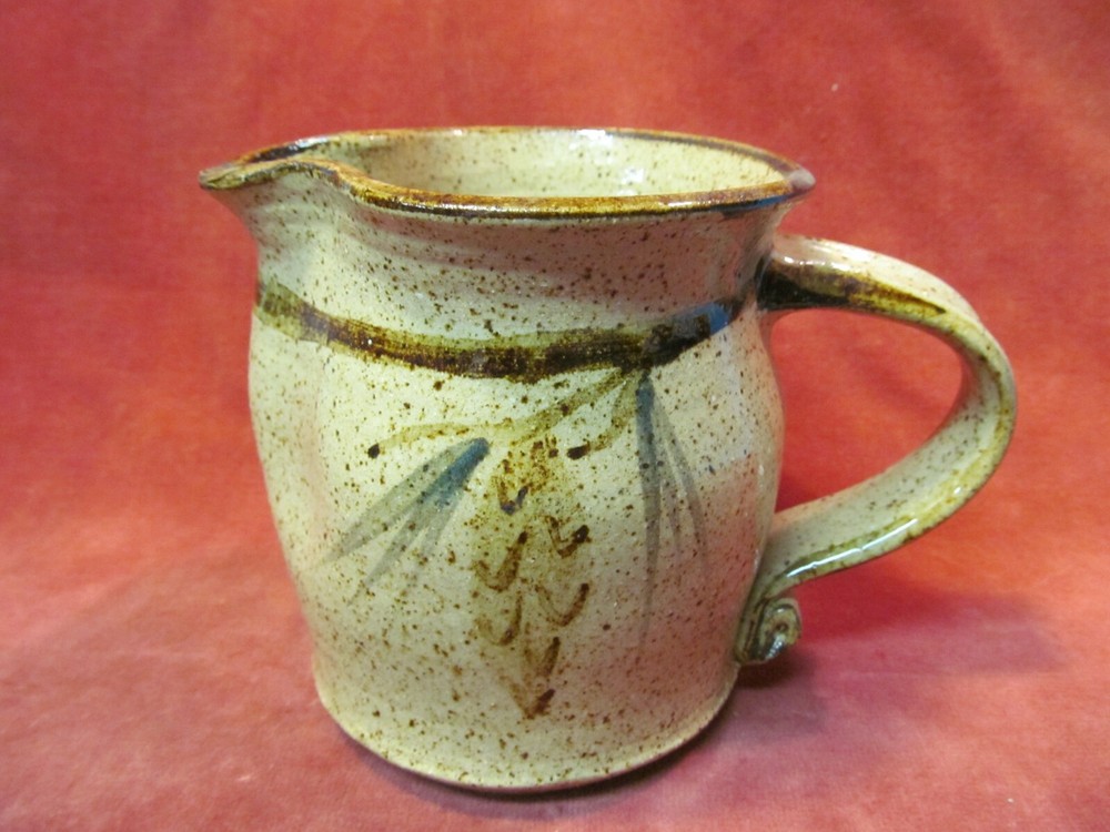 5" BROWN SPECKLE STUDIO POTTERY PITCHER WITH PAINTED PINECONE