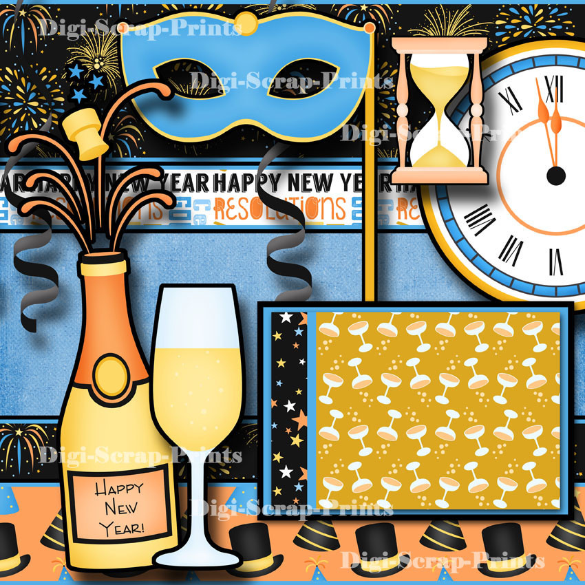 HAPPY NEW YEAR ~ 2 premade scrapbook pages paper piecing layout ~ BY DIGISCRAP