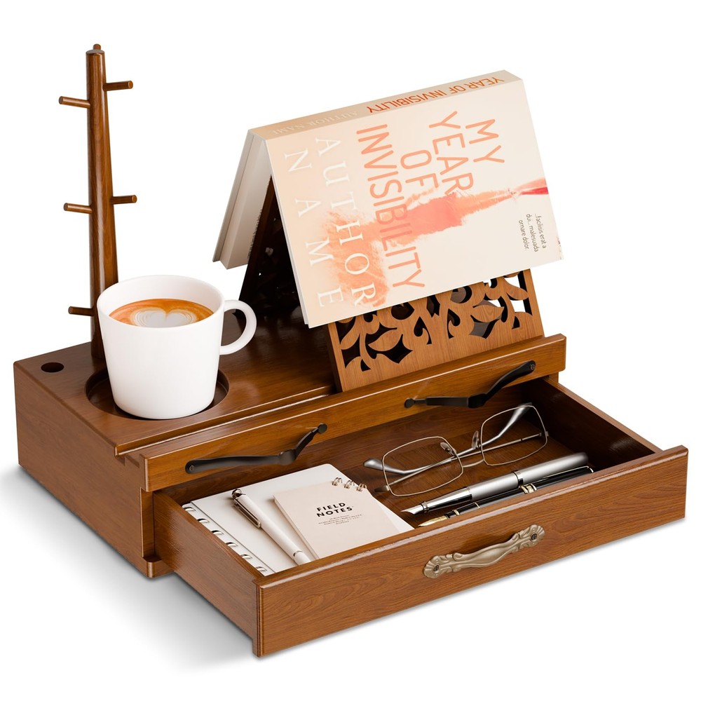 Adjustable Wooden Book Stand with Storage - Multi-Function Hands Free Book Ho...