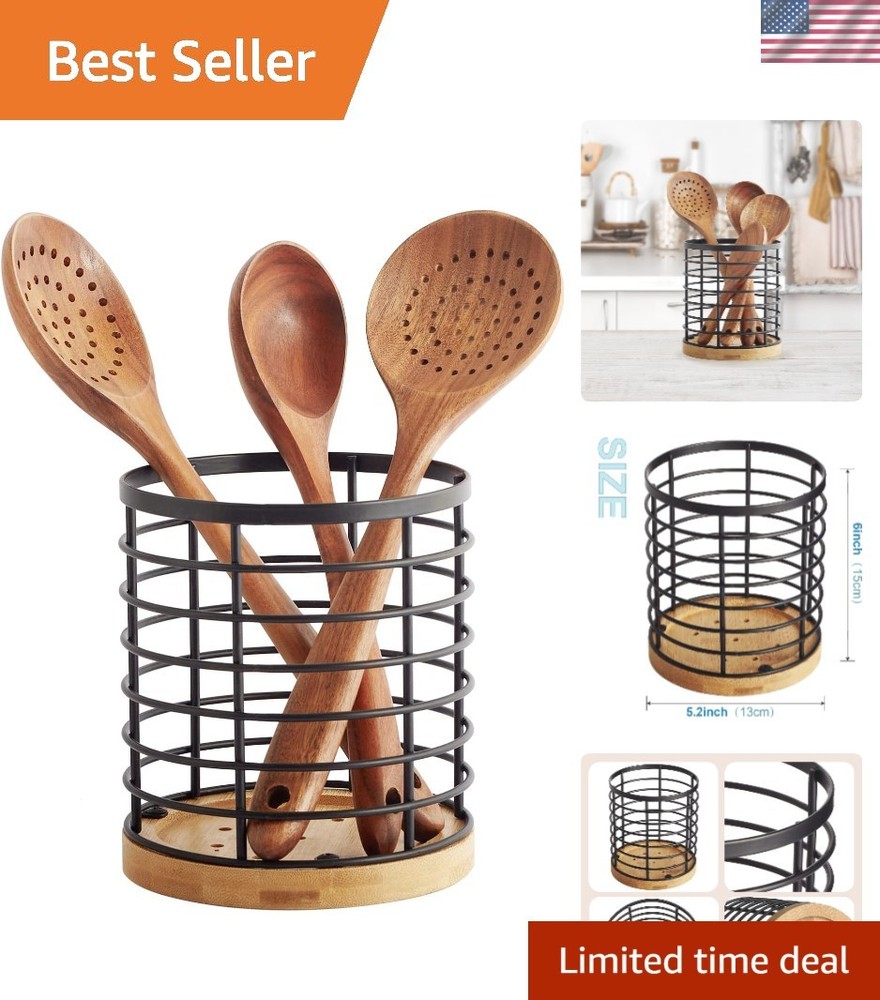 5.2" x 5.2" Matte Black Utensil Holder with Wooden Base - Durable Organizer