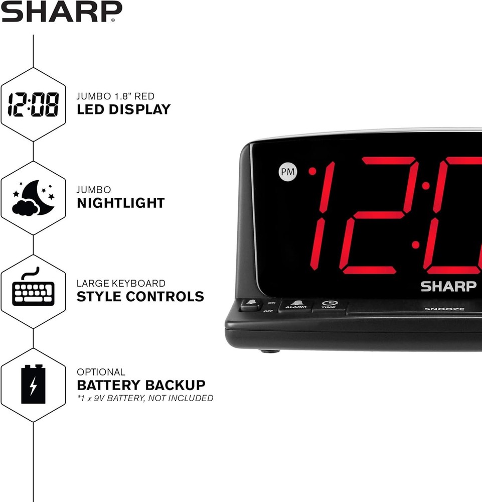 Sharp LED Digital Alarm Clock – Simple Operation - Easy to See Large Red