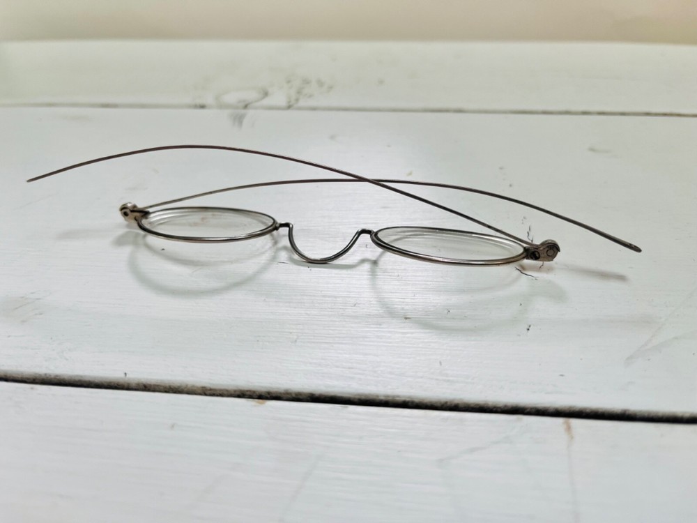 Antique Silvertone Round Wire Eyeglasses Frames Metal Spectacles Light Weight