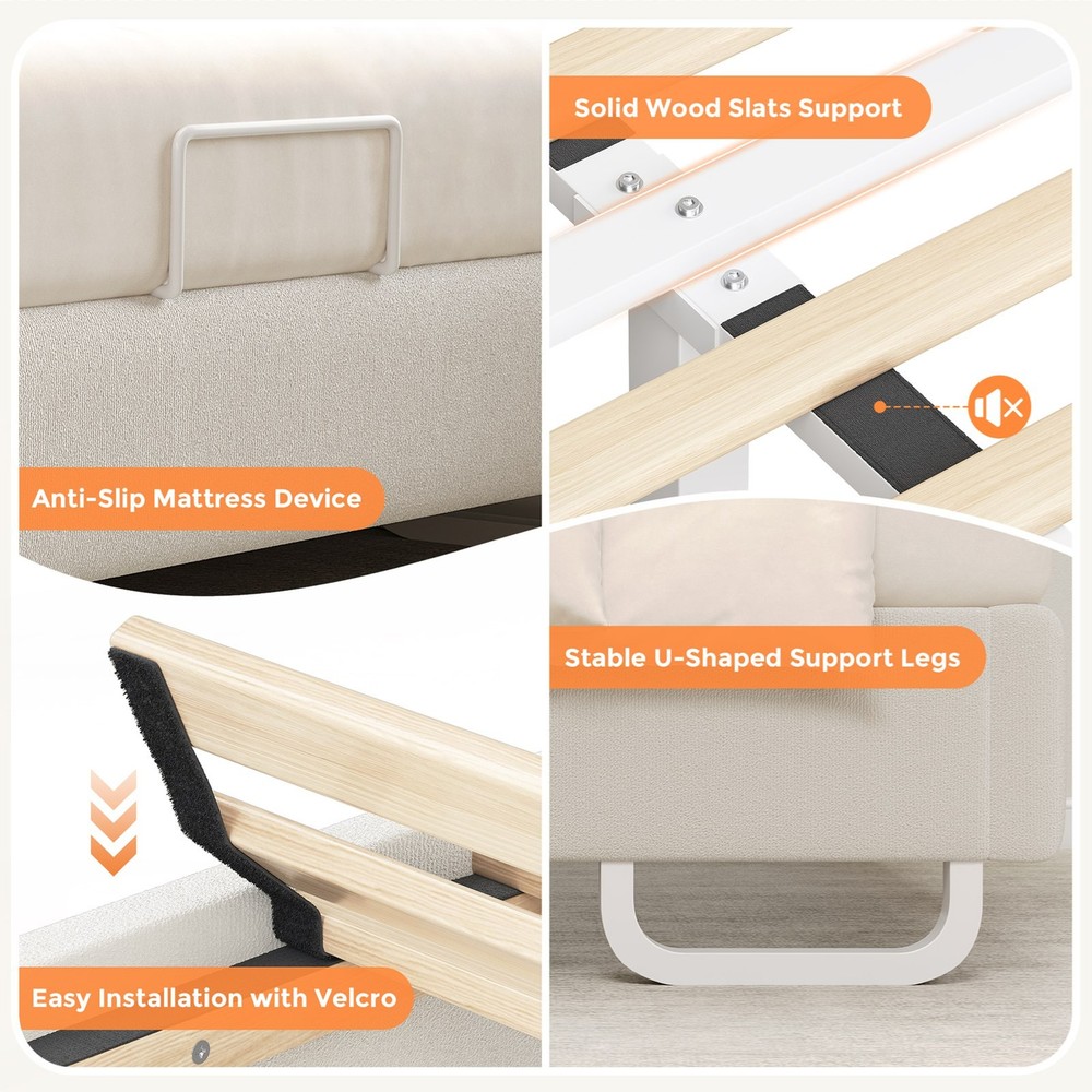 Easy Assembly Upholstered Beige Bed Adjustable Headboad With LED Light