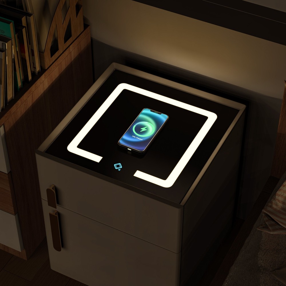 Off-white smart bedside table with safe, wireless charging + three-color light