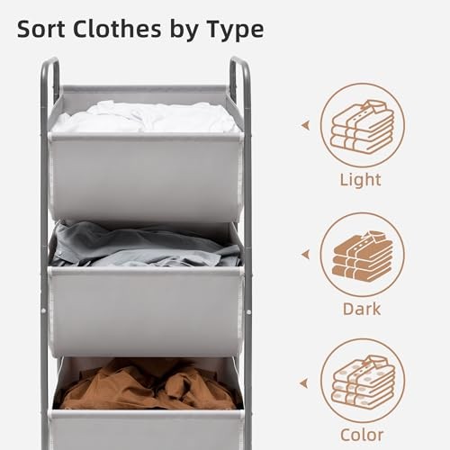 120 Liters Vertical Rolling Laundry Hamper, 3 Section Laundry 3 Tier Gray