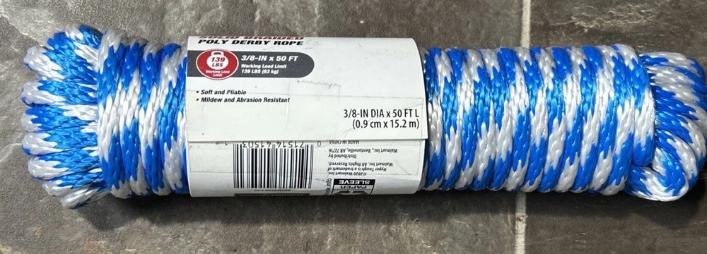 Polypropylene Solid Braid Rope, 3/8" x 50' 1 Roll New