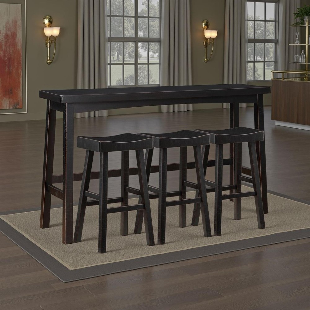 Casy 4pc Bar Height Table Set- 3 Contoured Stools- Black Rubberwood