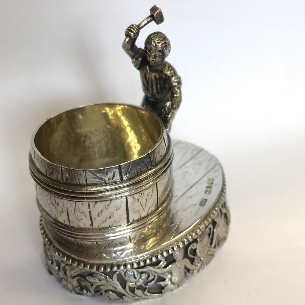 Fine Antique Solid Silver Salt Novelty Blacksmith Barrel Wolf & Knoll 1904 Hanau