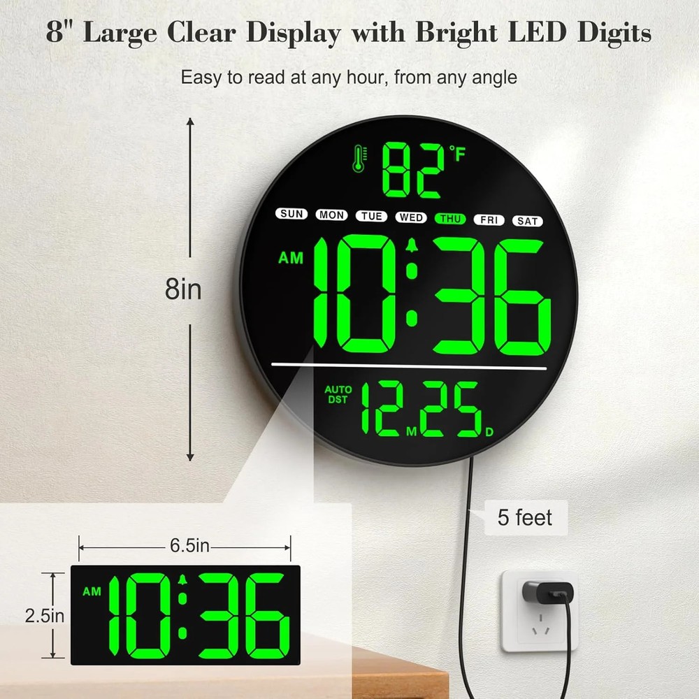LED Digital Wall Clock Large Display Temp Date Day Auto DST Brightness