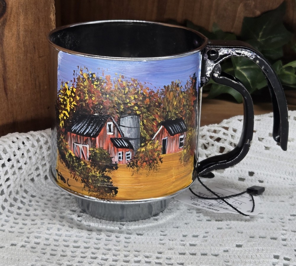 flour sifter w/ fall barn (26068) hand painted