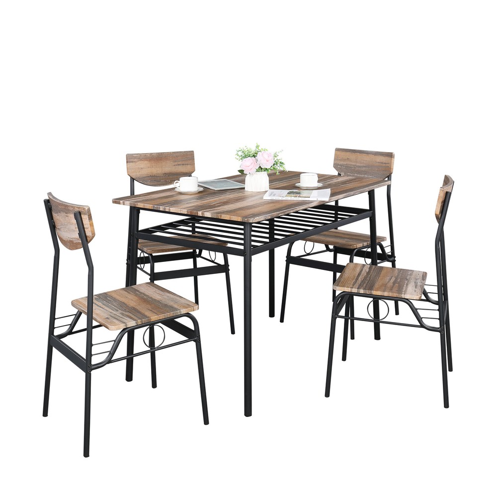 US 5Pcs Rustic Wood Dining Set With 1 Rectangular Table & 4 Chairs Natural Color