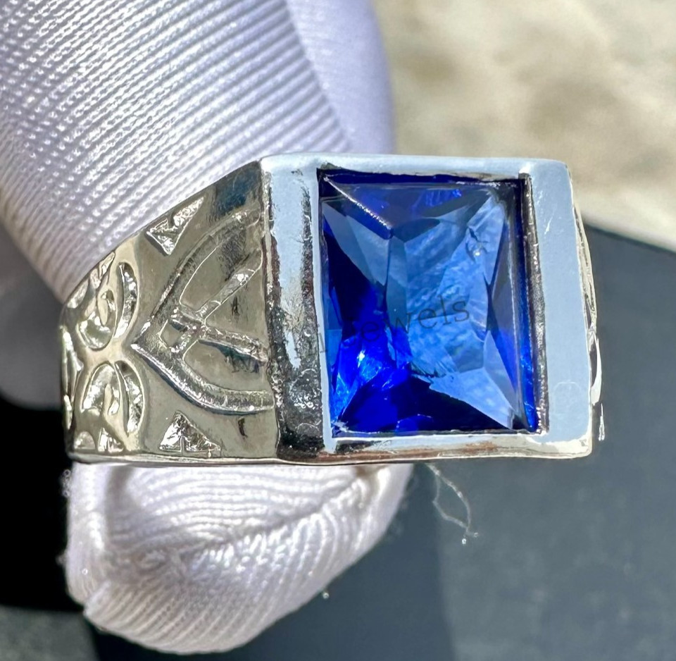 Solid 925 Sterling Silver Men's Ring with Blue Sapphire Gemstone Men's Ring