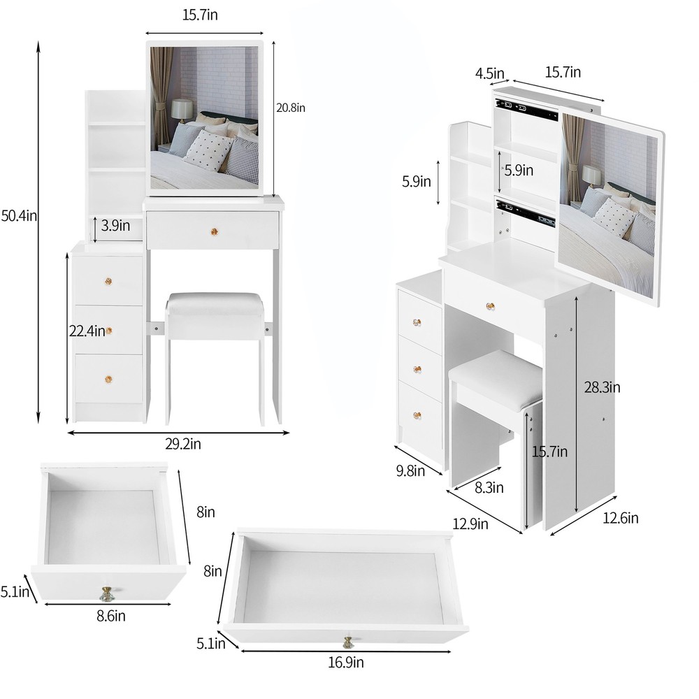 29.2" Small Space Left Bedside Cabinet Vanity Table + Cushioned Stool, Extra Lar