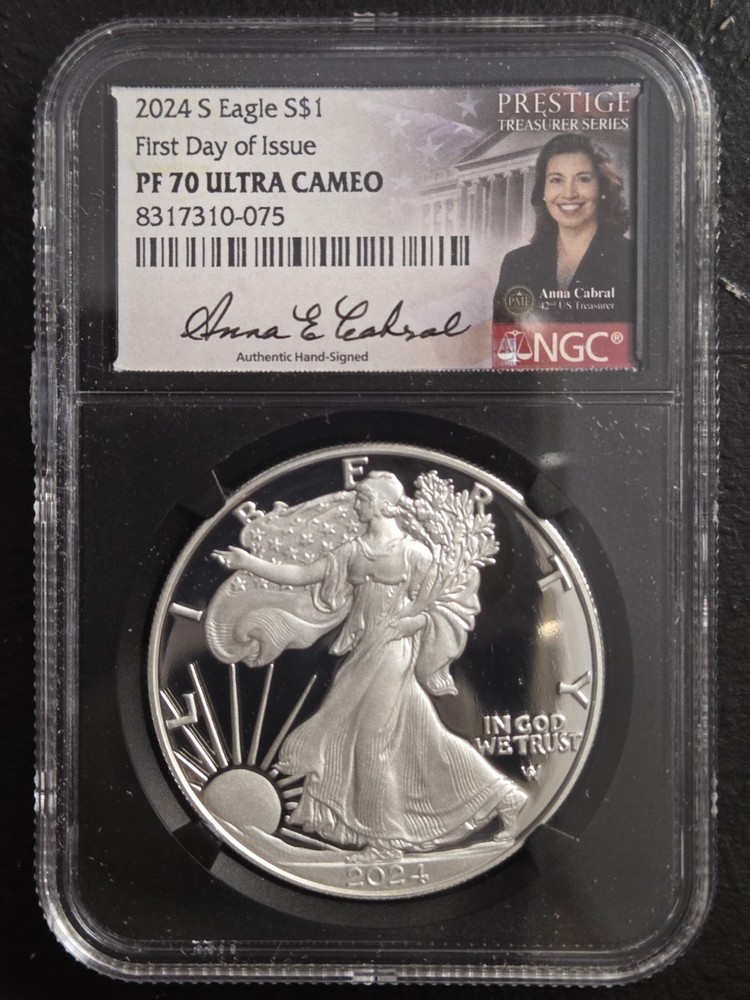 2024 S PROOF SILVER EAGLE NGC PF70 UCAM FIRST DAY ISSUE CABRAL SIGNED PRESTIGE