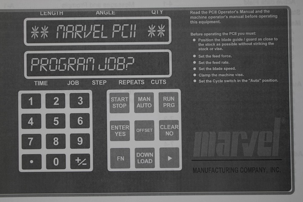 Marvel Bandsaw PCII or PC2 Micro Processor Programming Manual Year 1999