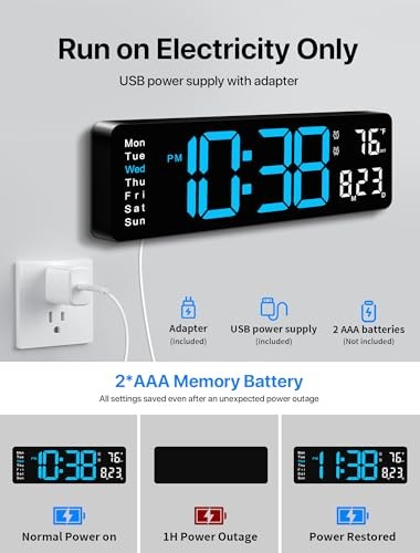 Digital Wall Clock, 16" Large Display Digital Clock with Remote Control, Blue