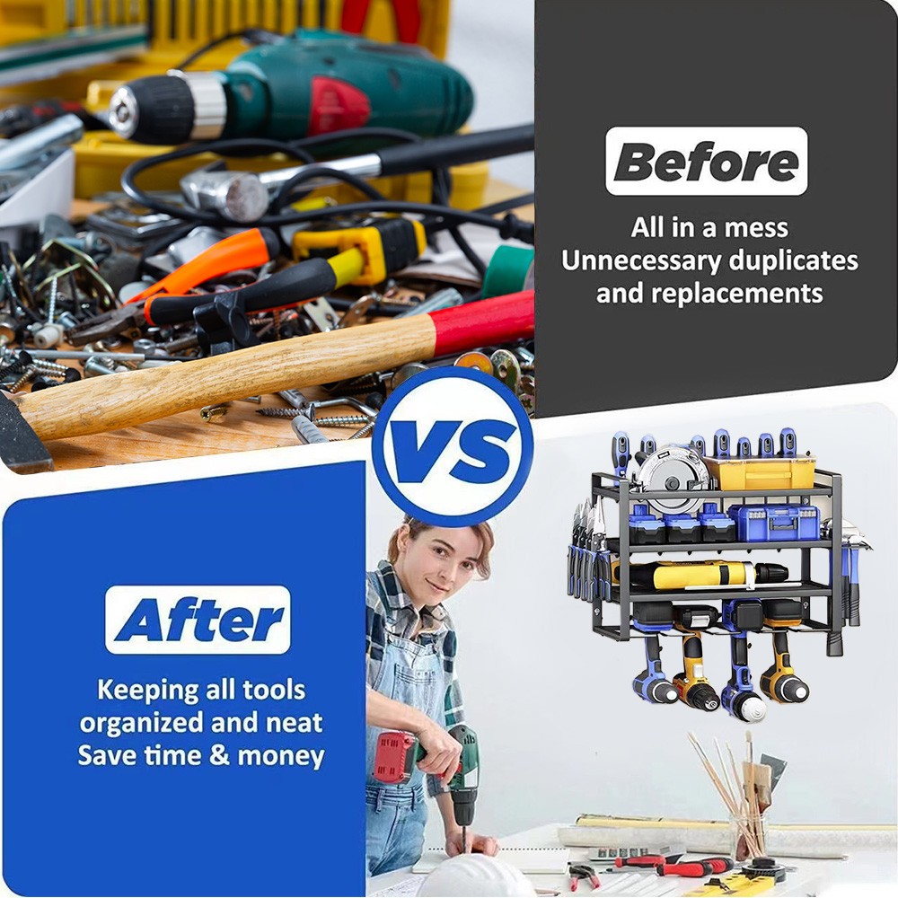 4-Layer Power Tool Organizer Wall Mounted Tool Rack for Cordless Drill Storage