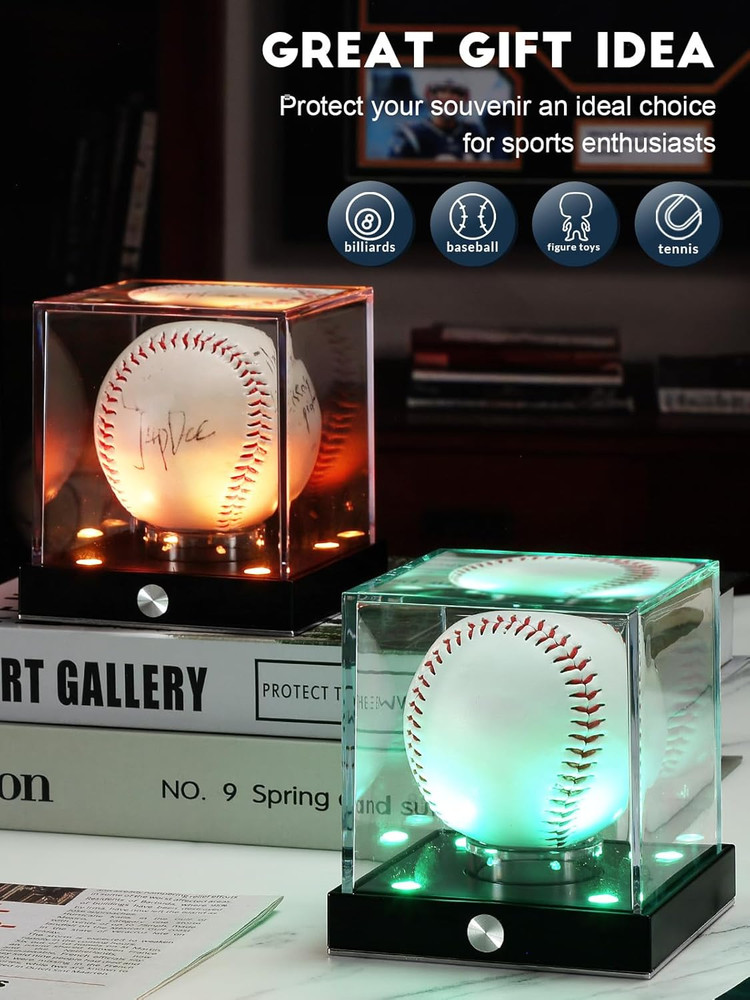 Baseball Display Case Led, Clear Cube Baseball Holder with Memory Function, Auto