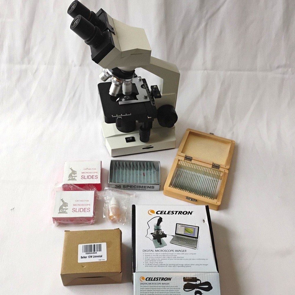 OMAX Microscope, Celestron Digital Imager, and accessories