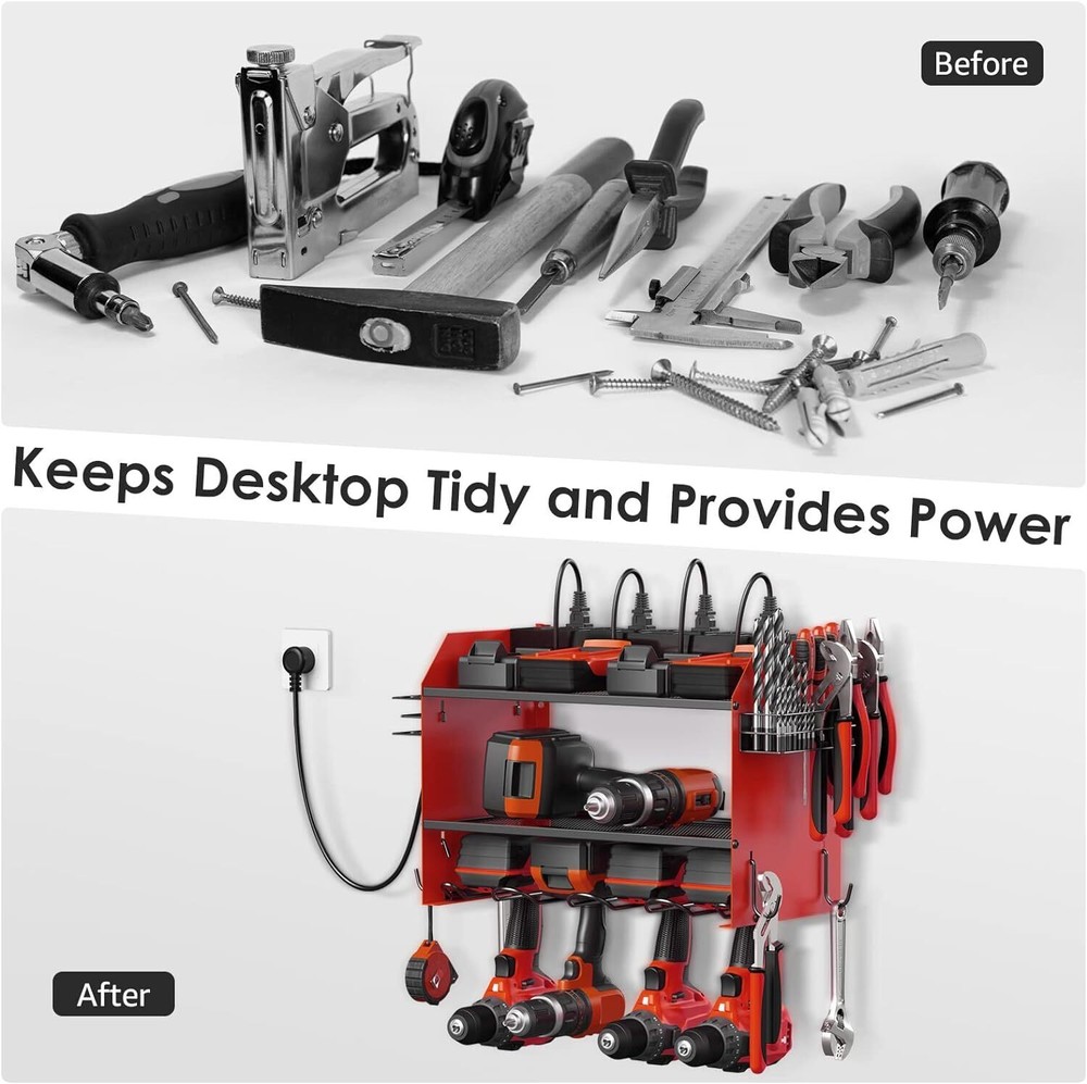 Modular Power Tool Organizer Wall Mount Garage 4 Drill Storage Shelf with Hooks