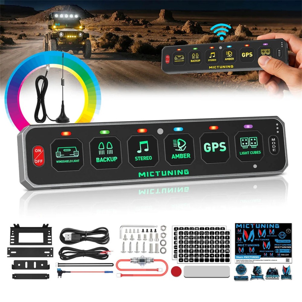 MICTUNING RGB Wireless 6 Gang Switch Panel Toggle Momentary Control System Box