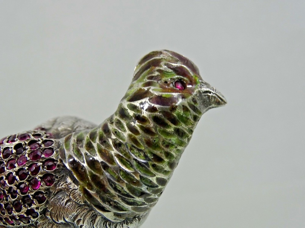 ANTIQUE AUSTRIAN Vienna SILVER ENAMEL MINIATURE BIRD PHEASANT gemset real ruby