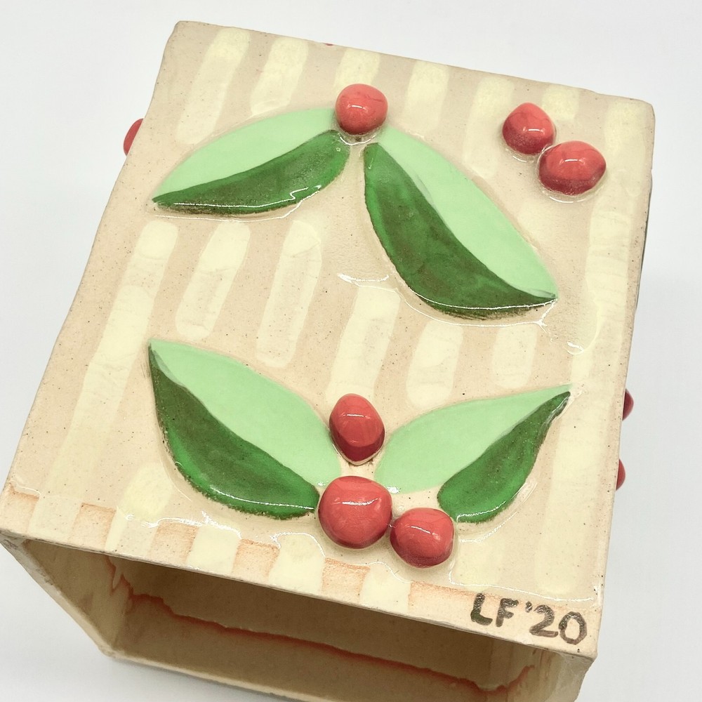 Studio Art Pottery Ceramic Tissue Box Cover Square Leaves Berries Maximalist