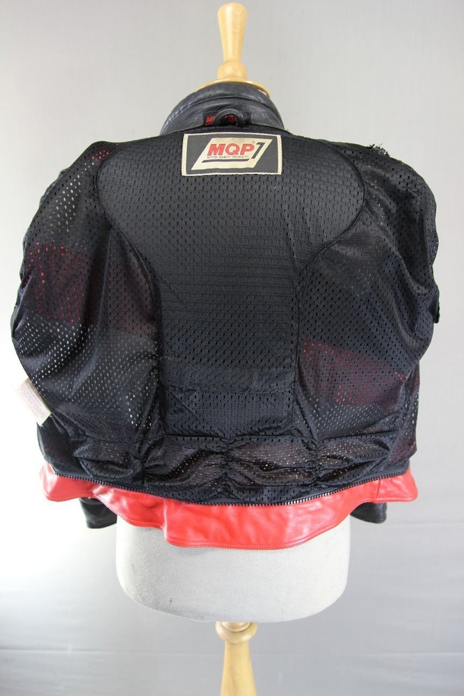 MQP BLACK, RED, WHITE & GREY LEATHER BIKER JACKET WITH BACK PROTECTOR: 42 INCHES