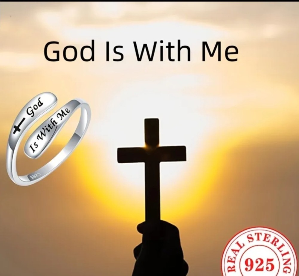 Solid 925 Sterling Silver Adjustable Ring with "God is with me" engraved