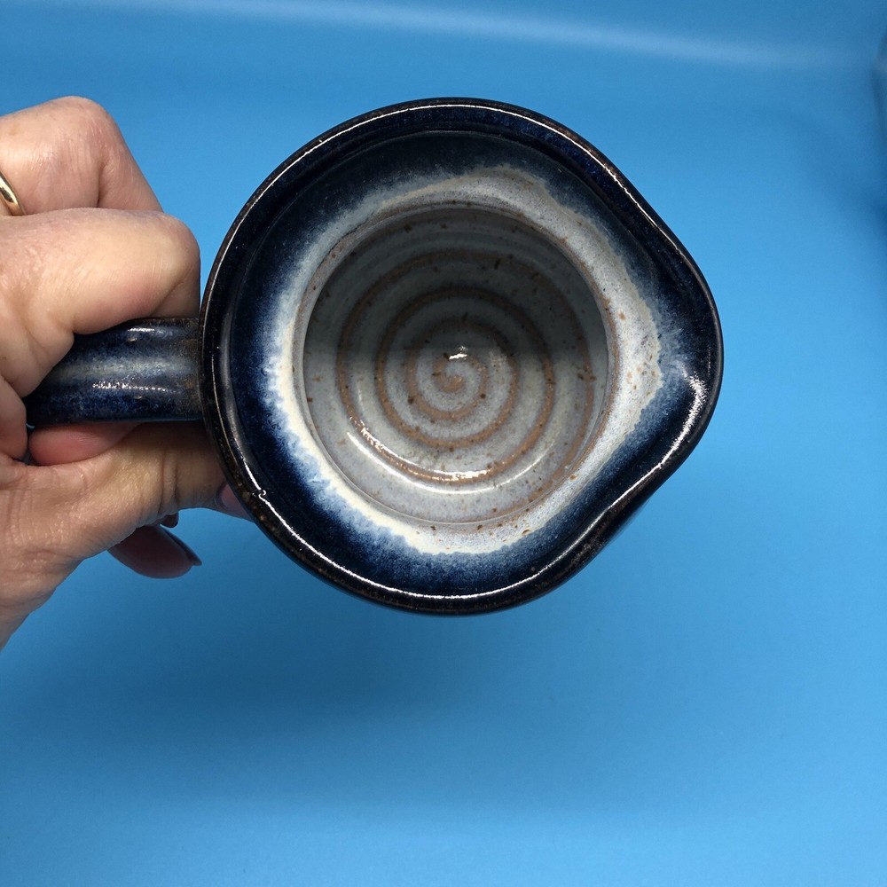 Studio Art Pottery Blue White Glaze Short Pitcher Butterfly Pattern
