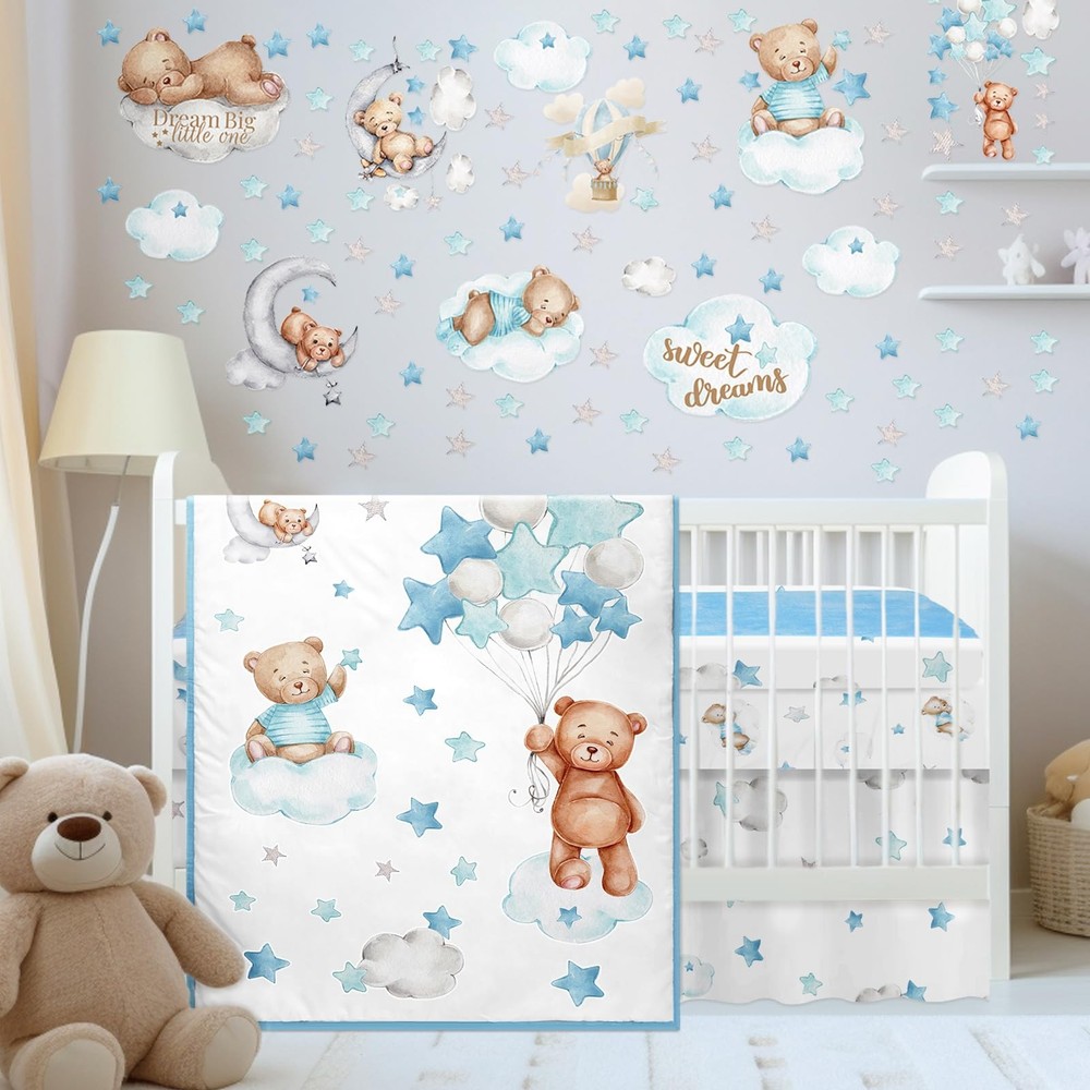 5 Pcs Crib Bedding Set for Toddlers Include Cloud Balloon Bear Theme Crib She...