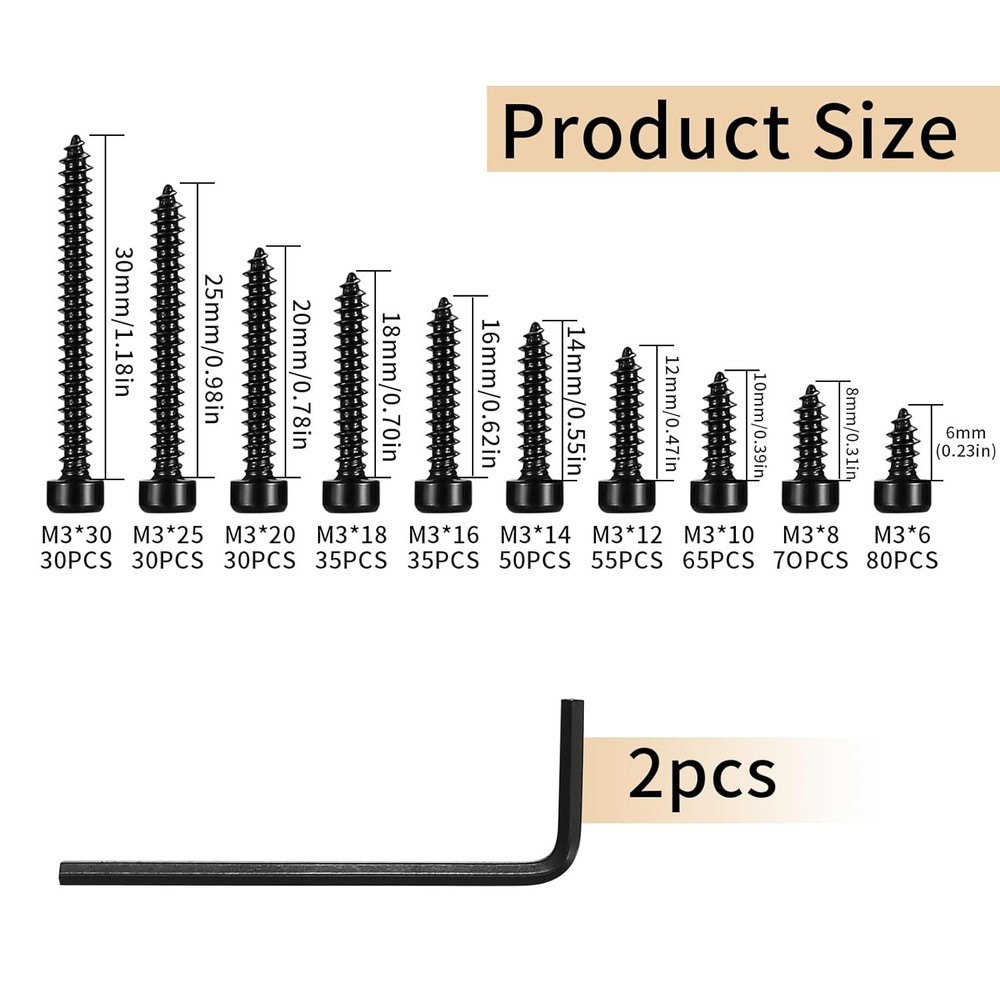 Metric Hex Socket Cap Head Self Tapping Screws, 480pcs M3 Stainless 480 Black
