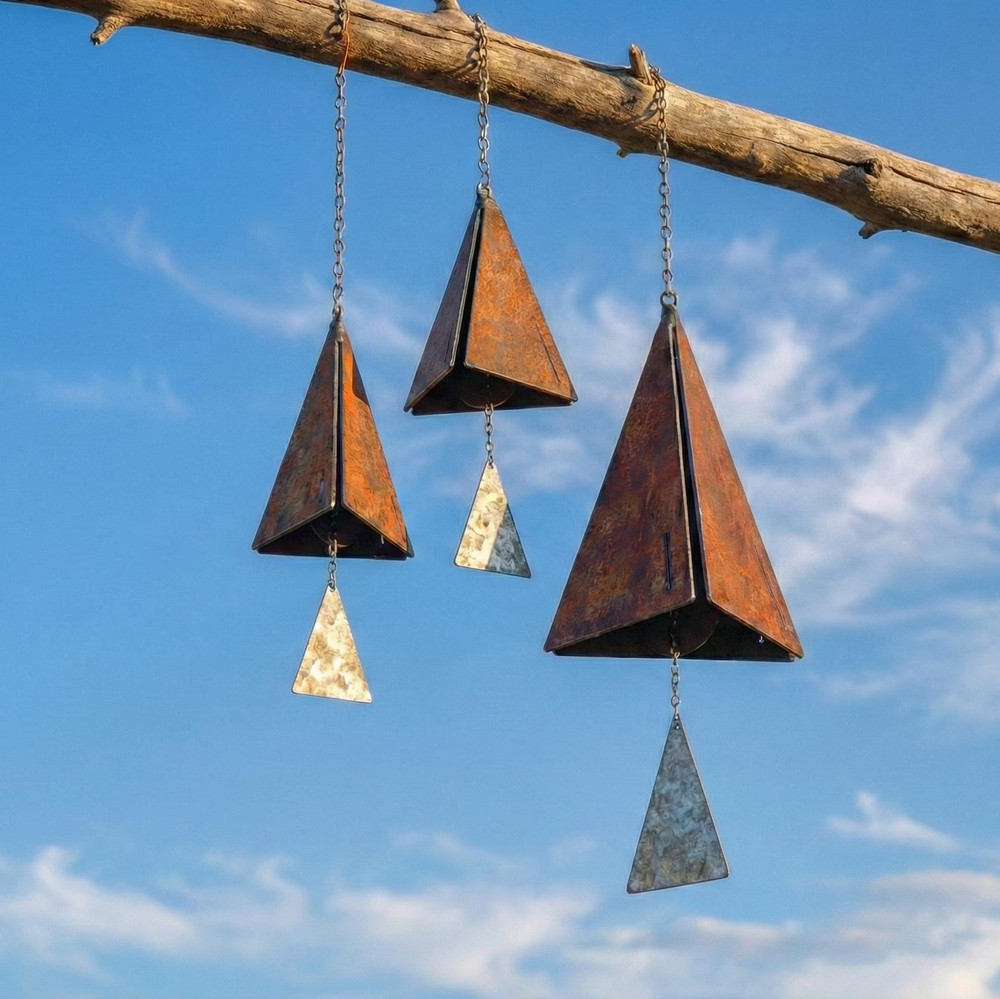 Rustic Steel Pyramid Wind Chimes - Set of 3