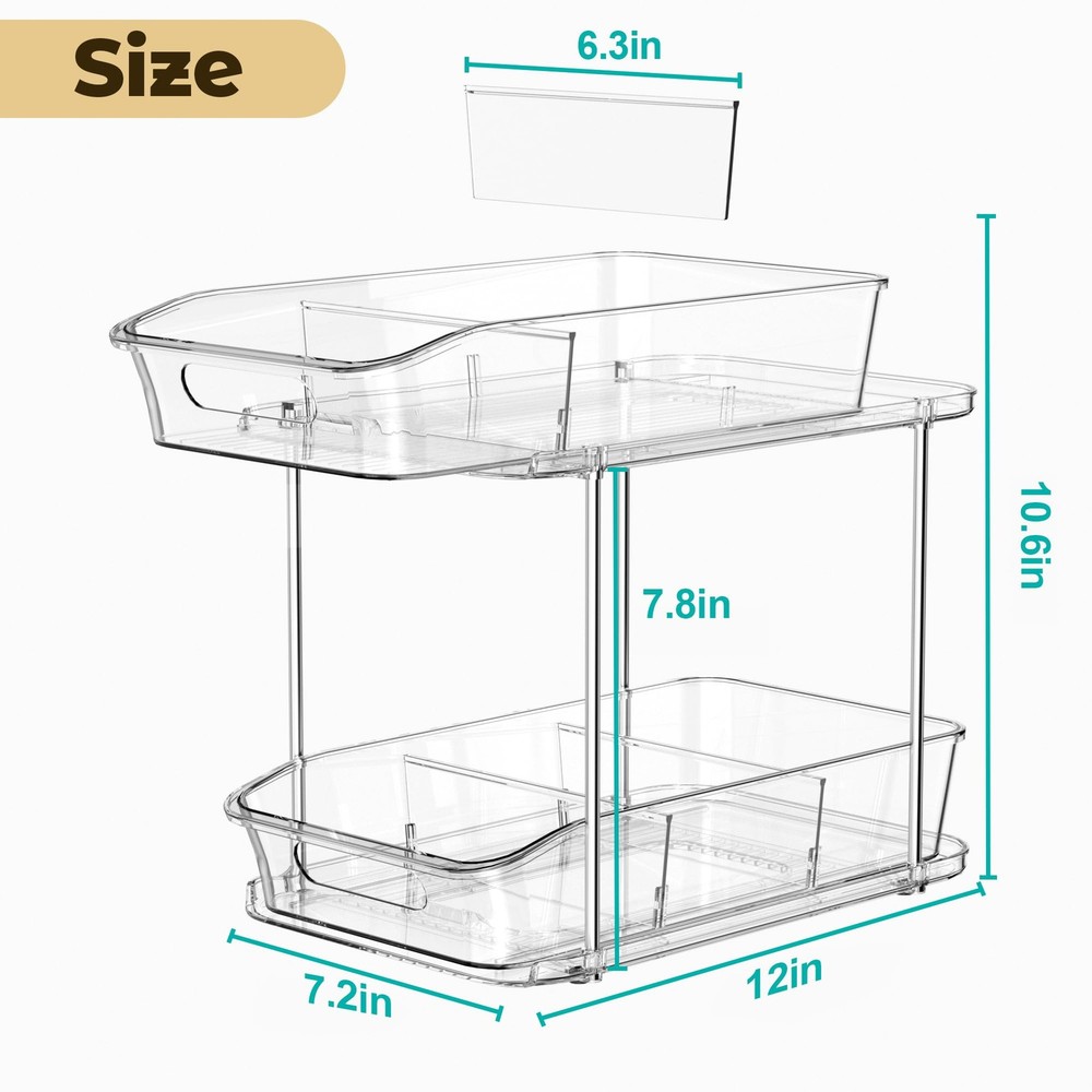 2 Tier Pull-Out Organizer for Bathroom Kitchen, Under Sink Storage with Divid...